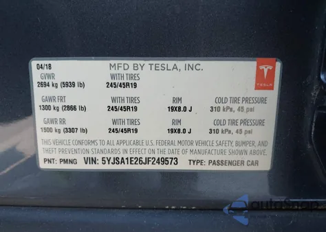 2018 Tesla Model S 100D/75D/P100D z USA, uszkodzony, nr VIN 5YJSA1E26JF249573